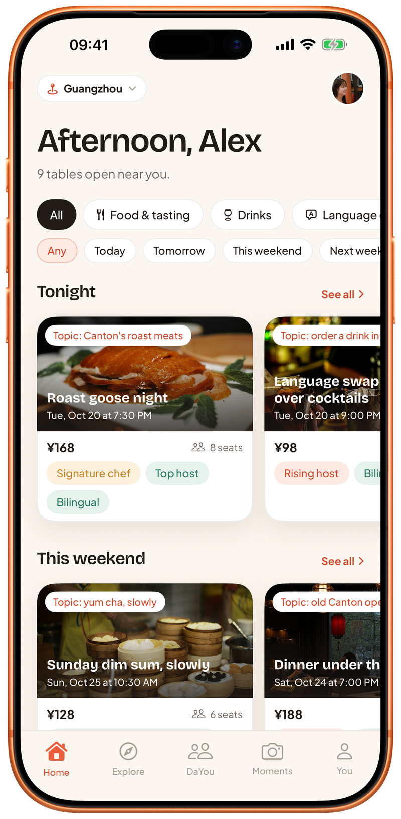 DaYou home screen: tables tonight and this weekend