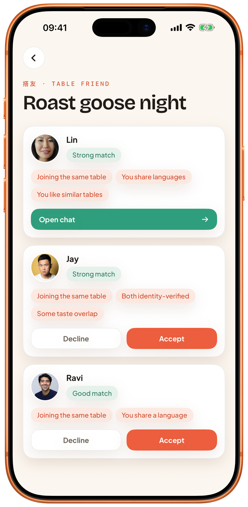 DaYou matching: say hi to your table before dinner